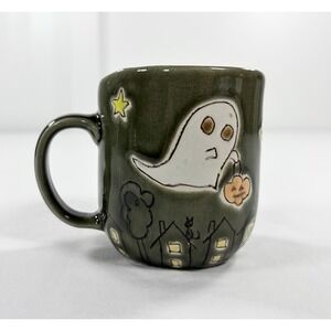Hand Thrown & Painted Sgraffito Pottery Ghost Mug Ceramic Halloween Thumb Rest